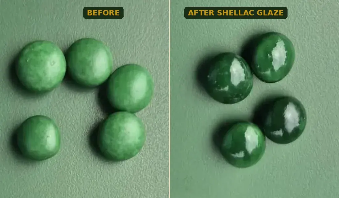 Sugar-panned centres before and after shellac glazing: matte on the left, glossy on the right