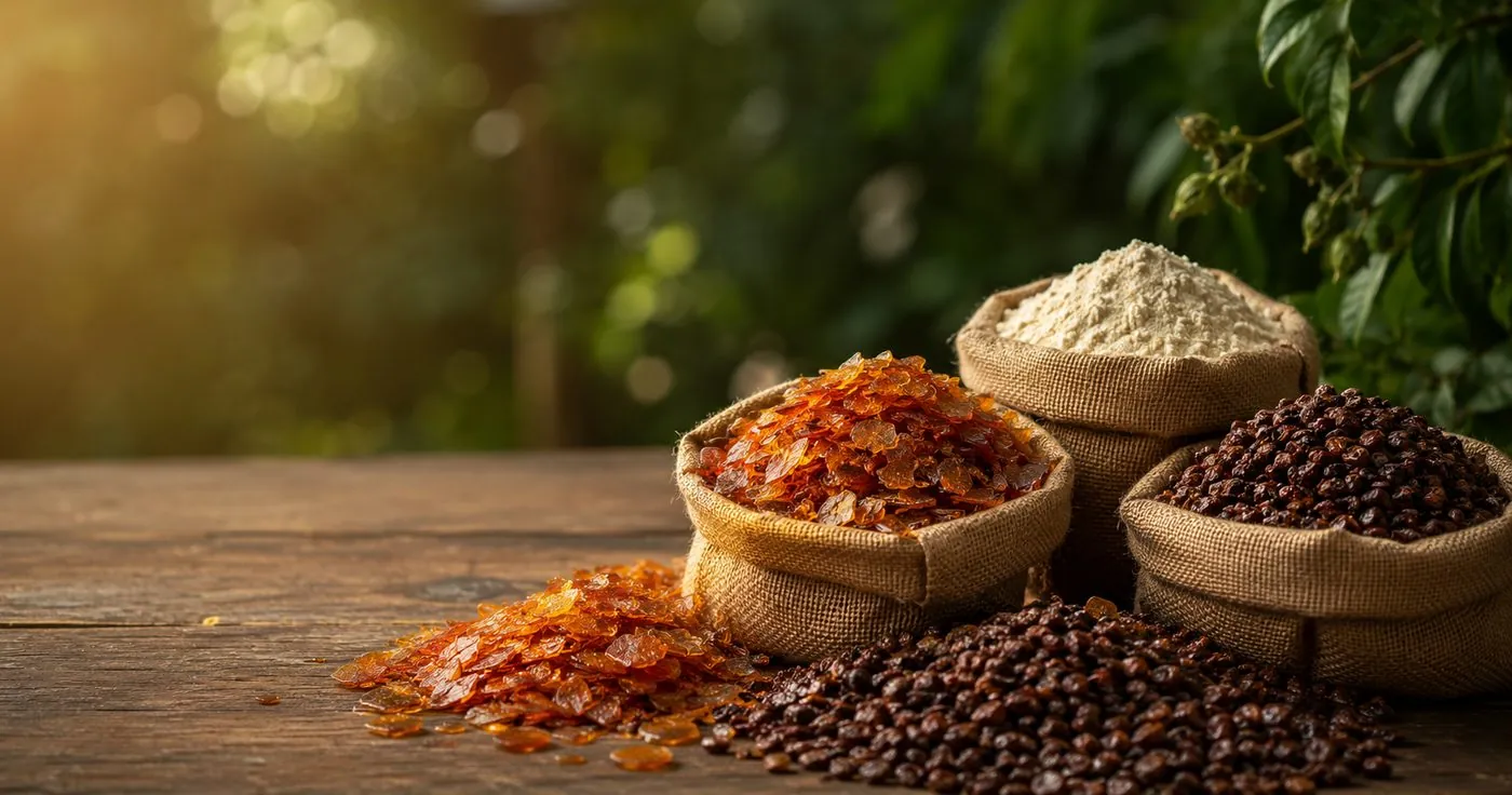 IndoNaturalResins product range — shellac flakes, guar gum powder and seedlac in jute sacks