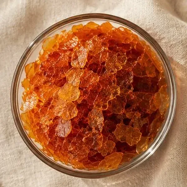 Orange shellac flakes in a glass bowl, natural wax grade